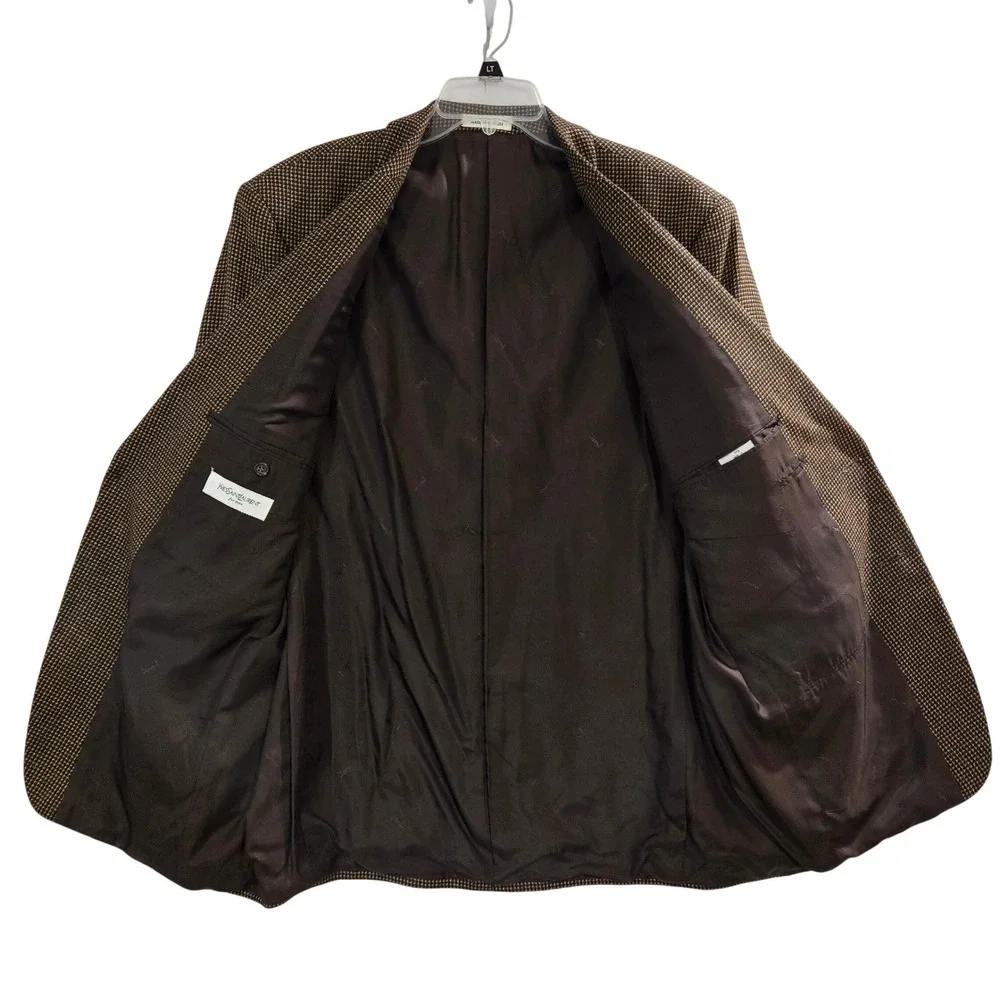 YSL Yves Saint Laurent 44R* Vintage 80s Blazer Brown Wool Silk MicroCheck Jacket